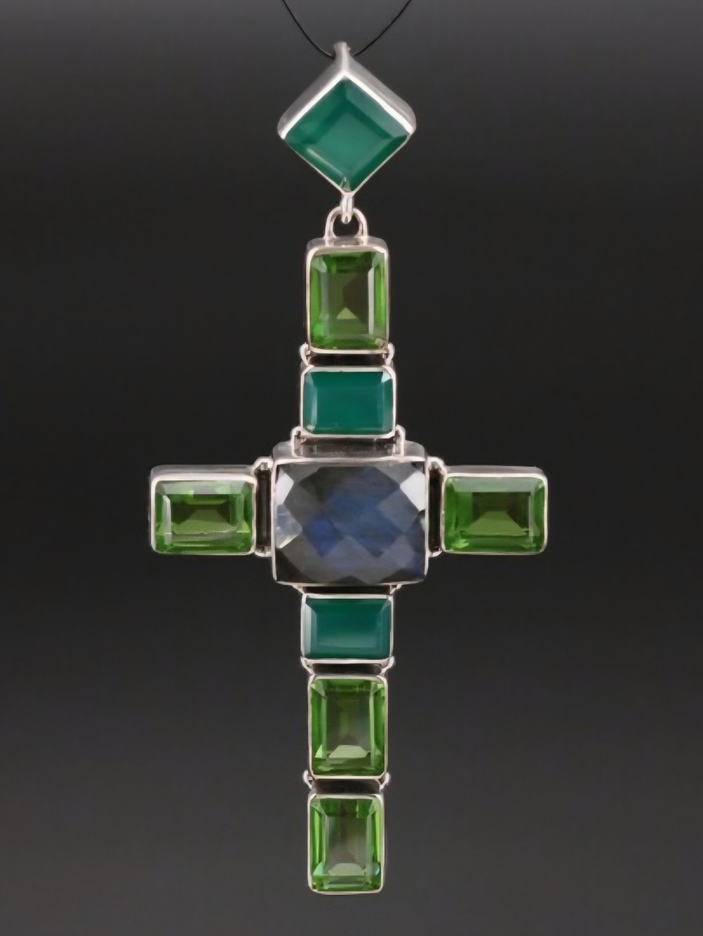 Nicky Butler 925 Sterling Silver Cross Pendant NB Green Chalcedony Labradorite💚